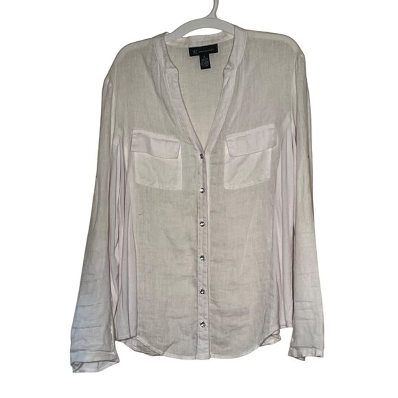 INC. International Concept 8 White Linen Rayon Blouse Pockets Roll Tab Sleeves - Picture 1 of 16
